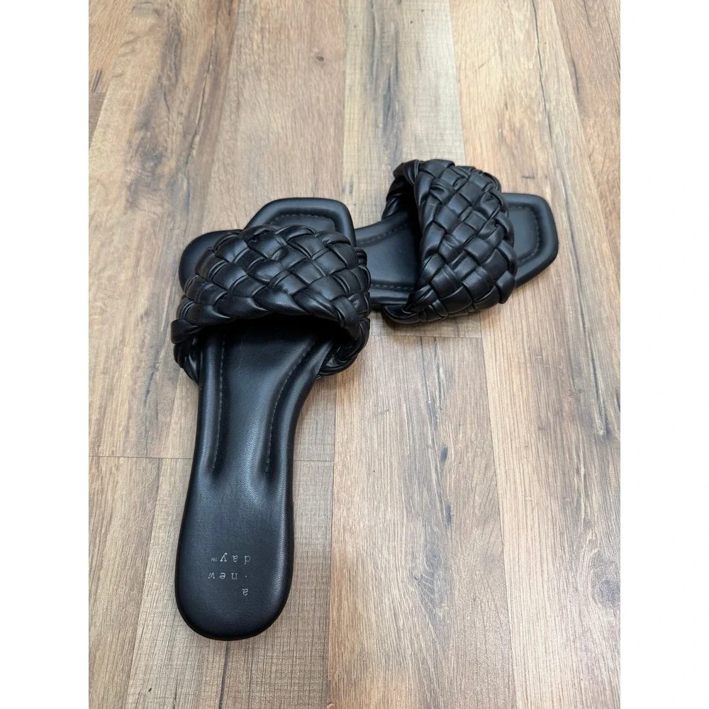 A New Day Black Woven Slide Sandals Square Toe Braided Size 8‎